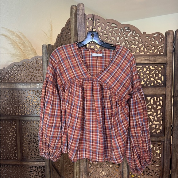Doen Plaid Blouse in Red and Brown - Picture 6 of 8